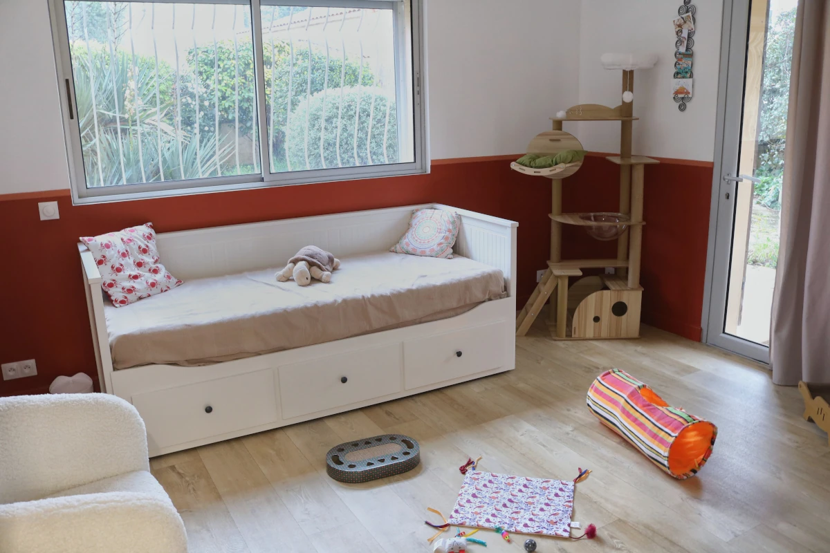 Chambre Solana : banquette cosy et arbre à chat face à la fenêtre jardin — pension chat et lapin à Nîmes
